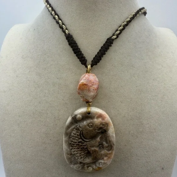 Handcrafted Coral Fossil Jade Fish Carving Pendant Necklace on Adjustable Rope - Picture 5 of 13
